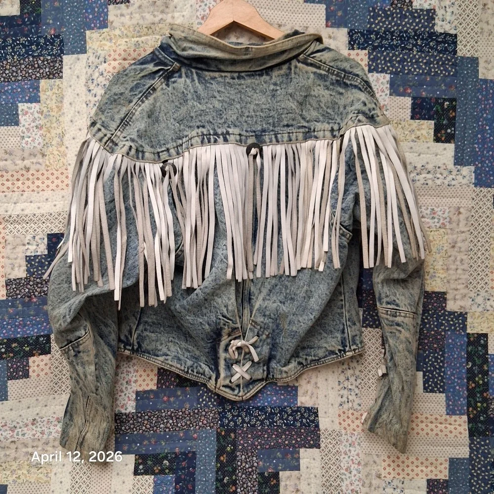 Vintage HAVOC Western Fringe Acid Wash Denim Jacket Womens Size Large 80s BOHO - Picture 2 of 11